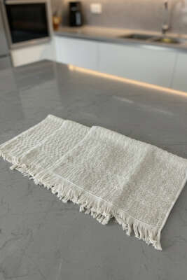 Saçaklı Kare Desenli 3'lü Mutfak Havlusu Bej - MAHİR HAVLU