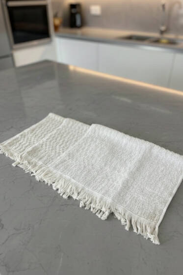 Saçaklı Kare Desenli 3'lü Mutfak Havlusu Ekru - HAVLU TAKIMLARI