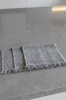 Saçaklı Kare Desenli 3'lü Mutfak Havlusu Füme - MAHİR HAVLU