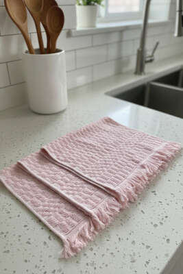 Saçaklı Kare Desenli 3'lü Mutfak Havlusu Gül Kurusu - MAHİR HAVLU