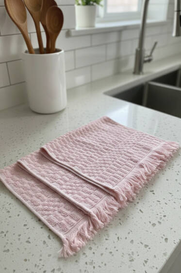 Saçaklı Kare Desenli 3'lü Mutfak Havlusu Gül Kurusu - HAVLU TAKIMLARI