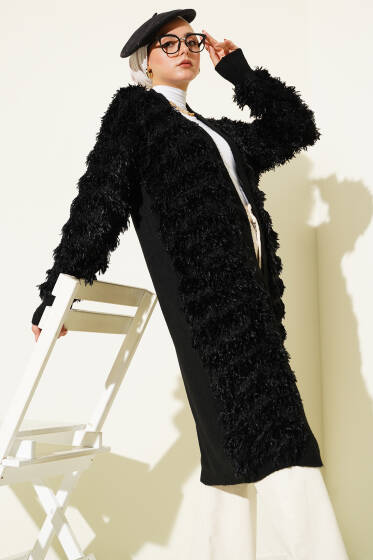 Saçaklı Triko Hırka Siyah - Hırka