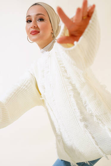 Saçaklı Triko Kazak Ekru - Kazak