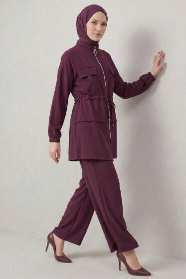 Sahte Cep Kapaklı Fermuarlı İkili Takım Burgonya - İkili Takım