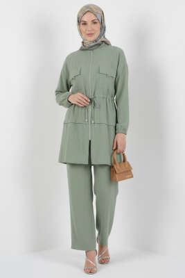 Sahte Cep Kapaklı Fermuarlı İkili Takım Çağla Yeşili 