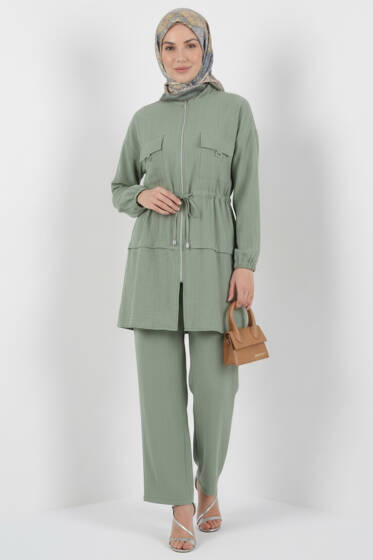 Sahte Cep Kapaklı Fermuarlı İkili Takım Çağla Yeşili - İkili Takım