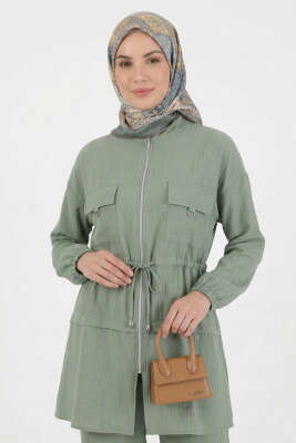 Sahte Cep Kapaklı Fermuarlı İkili Takım Çağla Yeşili - İkili Takım