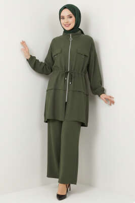 Sahte Cep Kapaklı Fermuarlı İkili Takım Haki - İkili Takım
