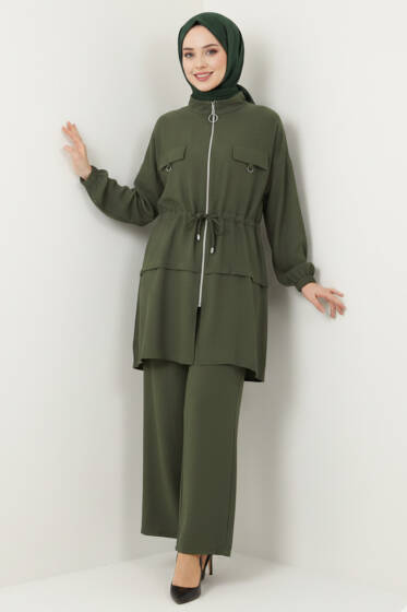 Sahte Cep Kapaklı Fermuarlı İkili Takım Haki - İkili Takım