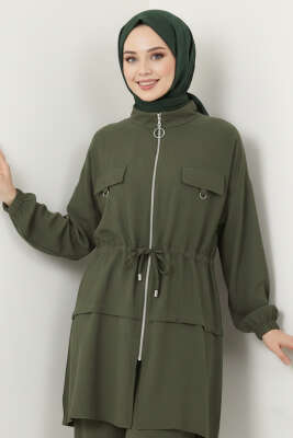 Sahte Cep Kapaklı Fermuarlı İkili Takım Haki - İkili Takım