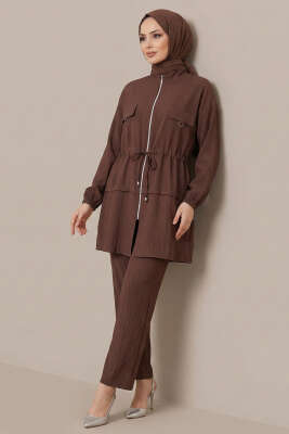 Sahte Cep Kapaklı Fermuarlı İkili Takım Kahve 