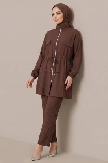 Sahte Cep Kapaklı Fermuarlı İkili Takım Kahve - İkili Takım