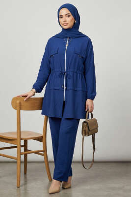 Sahte Cep Kapaklı Fermuarlı İkili Takım Lacivert 