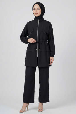 Sahte Cep Kapaklı Fermuarlı İkili Takım Siyah 