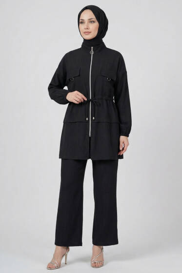 Sahte Cep Kapaklı Fermuarlı İkili Takım Siyah - İkili Takım