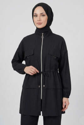 Sahte Cep Kapaklı Fermuarlı İkili Takım Siyah - İkili Takım