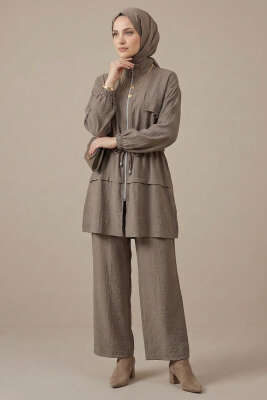 Sahte Cep Kapaklı Fermuarlı İkili Takım Vizon 