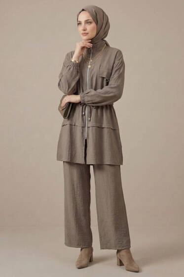 Sahte Cep Kapaklı Fermuarlı İkili Takım Vizon - İkili Takım