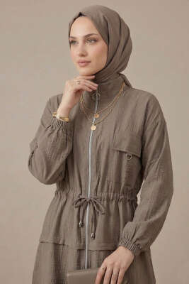 Sahte Cep Kapaklı Fermuarlı İkili Takım Vizon - İkili Takım