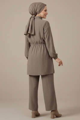 Sahte Cep Kapaklı Fermuarlı İkili Takım Vizon - İkili Takım