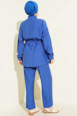 Sahte Cep Kapaklı Mini Taş Detaylı İkili Takım Saks - İkili Takım