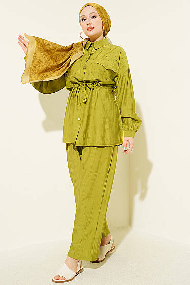 Sahte Cep Kapaklı Mini Taş Detaylı İkili Takım Yağ Yeşili - İkili Takım
