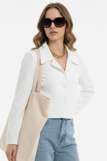 Sahte Cepli Düğmeli Ceket Beyaz - Kadın Giyim Modelleri