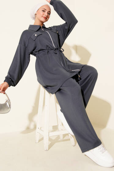 Sahte Cepli Fermuarlı Loyşa İkili Takım Füme - İkili Takım