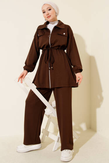 Sahte Cepli Fermuarlı Loyşa İkili Takım Kahve - İkili Takım