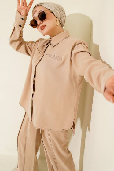 Sahte Cepli Gizli Patlı İkili Takım Bej - İkili Takım