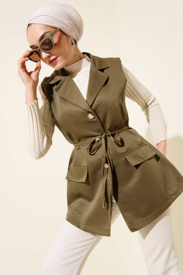 Sahte Cepli İp Kuşaklı Yelek Haki - Yelek