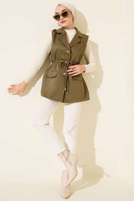 Sahte Cepli İp Kuşaklı Yelek Haki - Yelek