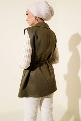 Sahte Cepli İp Kuşaklı Yelek Haki - Yelek