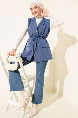 Sahte Cepli İp Kuşaklı Yelek İndigo - Yelek