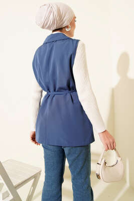 Sahte Cepli İp Kuşaklı Yelek İndigo - Yelek