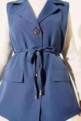 Sahte Cepli İp Kuşaklı Yelek İndigo - Yelek