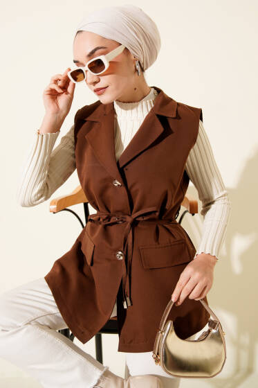Sahte Cepli İp Kuşaklı Yelek Kahve - Yelek