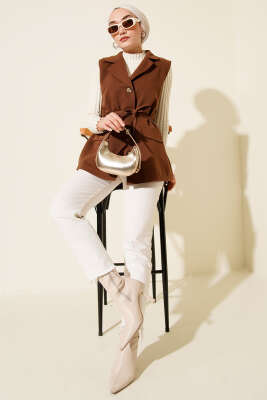 Sahte Cepli İp Kuşaklı Yelek Kahve - Yelek