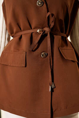 Sahte Cepli İp Kuşaklı Yelek Kahve - Yelek