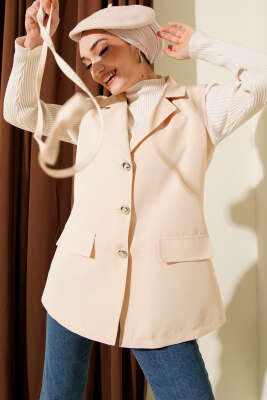 Sahte Cepli İp Kuşaklı Yelek Krem - BERAT TEKSTİL