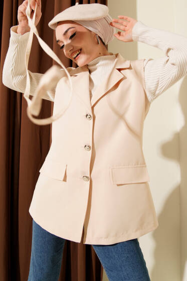 Sahte Cepli İp Kuşaklı Yelek Krem - Yelek