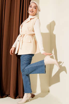 Sahte Cepli İp Kuşaklı Yelek Krem - Yelek