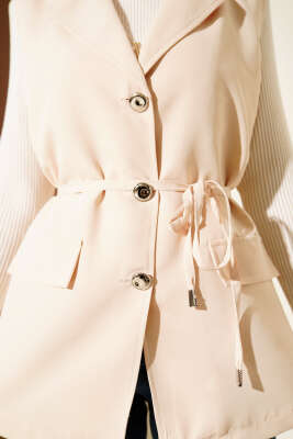 Sahte Cepli İp Kuşaklı Yelek Krem - Yelek