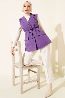 Sahte Cepli İp Kuşaklı Yelek Lila - Yelek
