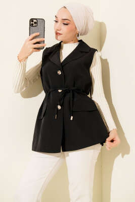 Sahte Cepli İp Kuşaklı Yelek Siyah - BERAT TEKSTİL