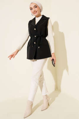 Sahte Cepli İp Kuşaklı Yelek Siyah - Yelek