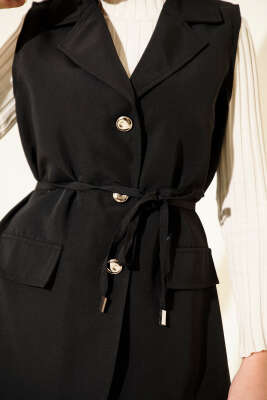 Sahte Cepli İp Kuşaklı Yelek Siyah - Yelek