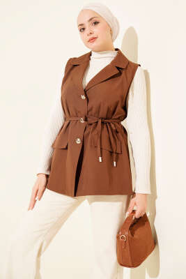 Sahte Cepli İp Kuşaklı Yelek Taba - BERAT TEKSTİL