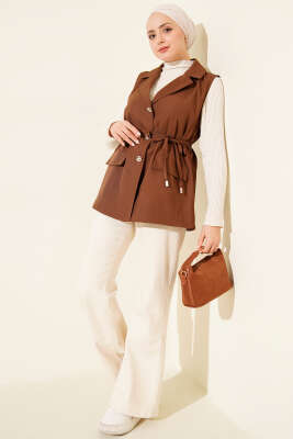 Sahte Cepli İp Kuşaklı Yelek Taba - Yelek