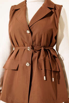 Sahte Cepli İp Kuşaklı Yelek Taba - Yelek